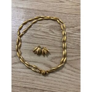 West Germany Jewelry Set Womens Gold Double Strand Necklace Clip Earrings
